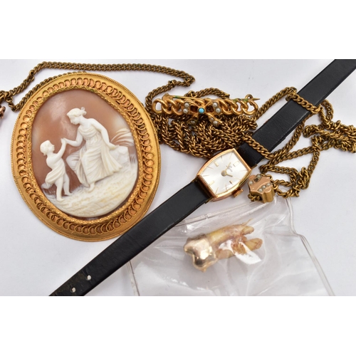 50 - A LADIES WRISTWATCH, CAMEO, LONGUARD CHAIN, BROOCH AND GOLD TOOTH, a manual wind ladies wristwatch, ... 