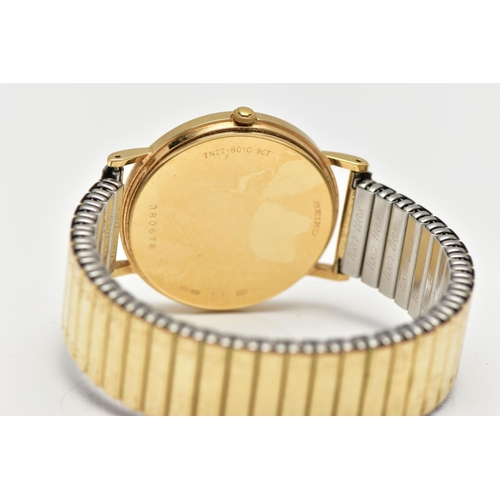 52 - A 9CT GOLD 'SEIKO' WRISTWATCH, a quartz movement, round white dial, signed 'Seiko', baton markers, d... 