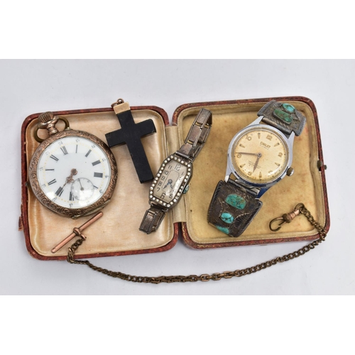 53 - A 9CT GOLD T-BAR, JET CROSS PENDANT, POCKET WATCH AND WRISTWATCH, 9ct gold T-bar stamped 9.375, fitt... 