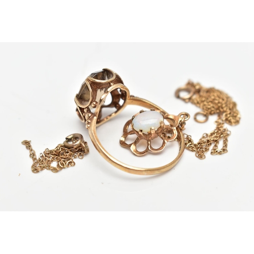 54 - A 9CT GOLD RING AND PENDANT, an oval cut smoky quartz, prong set with an open work scalloped gallery... 