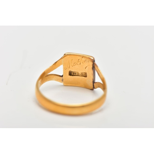 55 - A YELLOW METAL SIGNET RING, rectangular form signet, engraved 'LJ', leading onto bifurcated shoulder... 