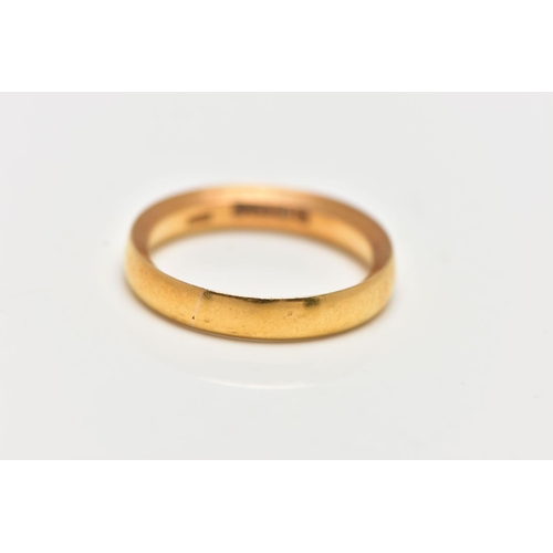 57 - A 22CT GOLD BAND RING, plain polished band yellow gold, one inside edge chamfered, approximate dimen... 