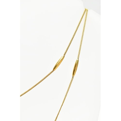 6 - A YELLOW METAL NECKLACE, designed as a series of plain polished tubular links, to the flat curb link... 