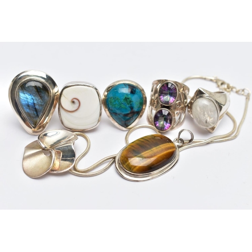 60 - AN ASSORTMENT OF LARGE STATEMENT WHITE METAL AND SEMI PRECIOUS JEWELLERY, to include a two stone mys... 