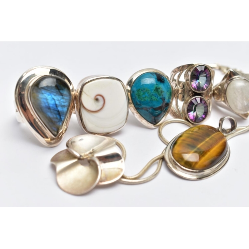 60 - AN ASSORTMENT OF LARGE STATEMENT WHITE METAL AND SEMI PRECIOUS JEWELLERY, to include a two stone mys... 