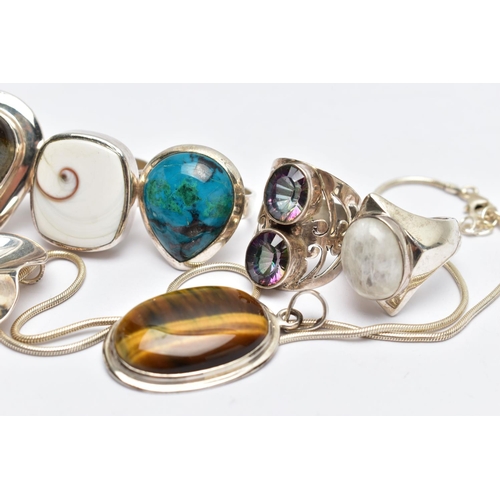 60 - AN ASSORTMENT OF LARGE STATEMENT WHITE METAL AND SEMI PRECIOUS JEWELLERY, to include a two stone mys... 