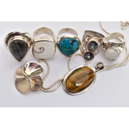 60 - AN ASSORTMENT OF LARGE STATEMENT WHITE METAL AND SEMI PRECIOUS JEWELLERY, to include a two stone mys... 