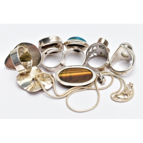 60 - AN ASSORTMENT OF LARGE STATEMENT WHITE METAL AND SEMI PRECIOUS JEWELLERY, to include a two stone mys... 