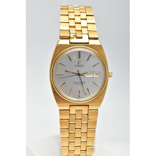 63 - A GOLD PLATED 'OMEGA SEAMASTER QUARTZ' WRISTWATCH, round silver dial signed 'Omega Seamaster quartz'... 