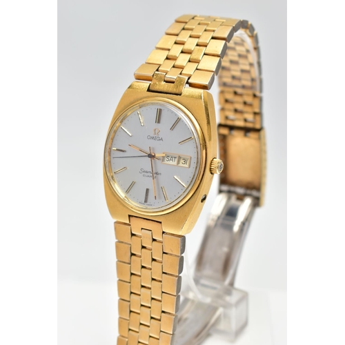 63 - A GOLD PLATED 'OMEGA SEAMASTER QUARTZ' WRISTWATCH, round silver dial signed 'Omega Seamaster quartz'... 