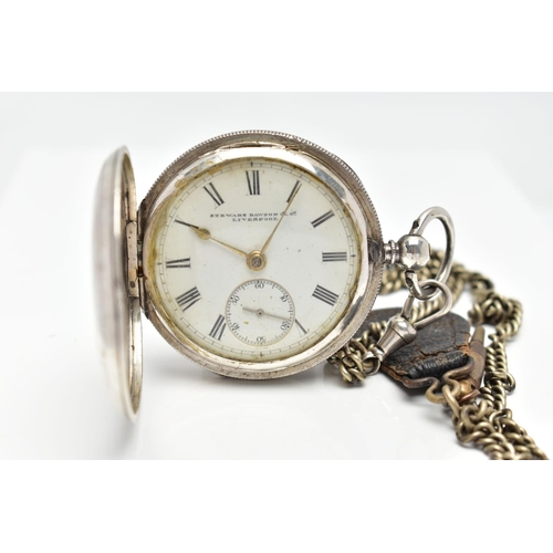 66 - A SILVER FULL HUNTER POCKET WATCH, key wound movement, white dial, signed 'Stewart Dawson & Co Liver... 