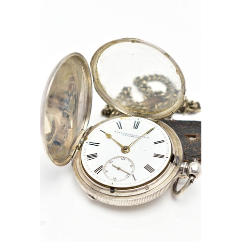 66 - A SILVER FULL HUNTER POCKET WATCH, key wound movement, white dial, signed 'Stewart Dawson & Co Liver... 