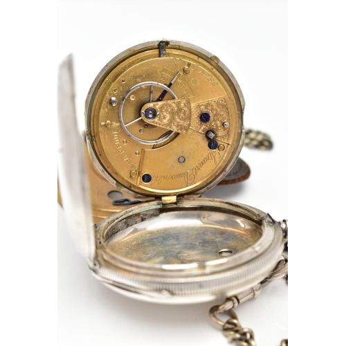 66 - A SILVER FULL HUNTER POCKET WATCH, key wound movement, white dial, signed 'Stewart Dawson & Co Liver... 