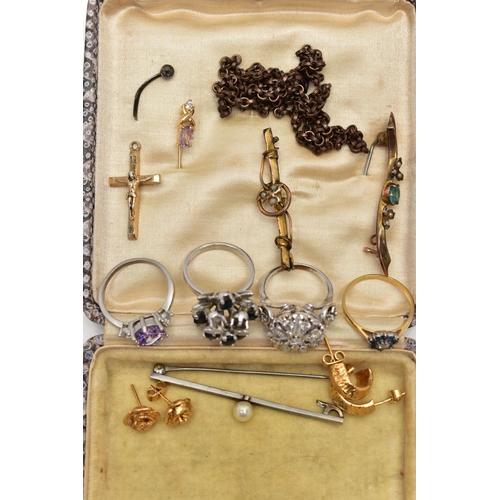 67 - A SMALL BOX OF ASSORTED YELLOW AND WHITE METAL JEWELLERY, to include a yellow metal cluster ring set... 