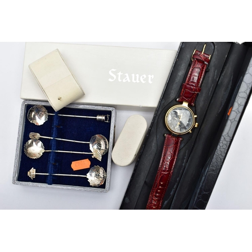 72 - A GENTS BOXED 'STAUER' CHRONOGRAPGH WRISTWATCH AND A TEASPOON SET, the watch featuring a round black... 