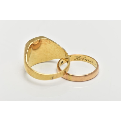 8 - TWO YELLOW METAL RINGS, to include a plain polished wedding band, personally engraved '3.2.1955', st... 