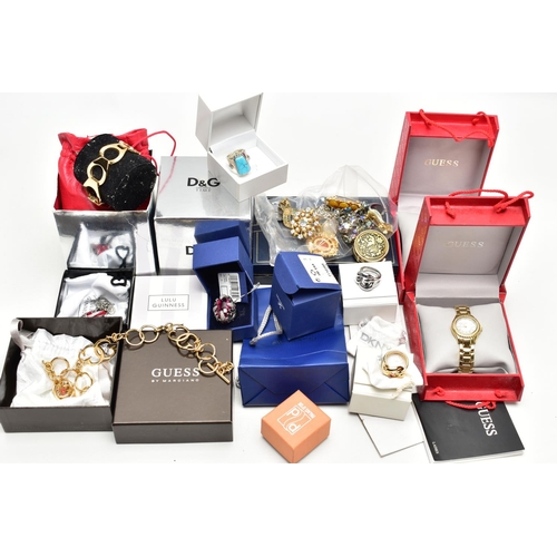 80 - AN ASSORTMENT OF BRANDED COSTUME JEWELLERY AND WATCHES, to include a 'Guess' yellow metal fancy link... 