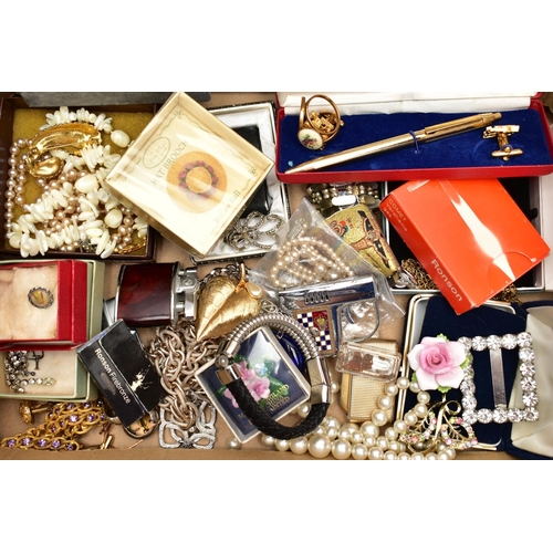 81 - A BOX OF ASSORTED ITEMS, to include a selection of costume jewellery, a cased excelsior pen and cuff... 