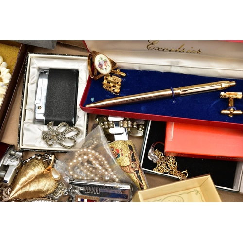 81 - A BOX OF ASSORTED ITEMS, to include a selection of costume jewellery, a cased excelsior pen and cuff... 