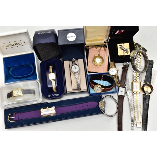 82 - A BOX OF LADIES WRISTWATCHES, to include a boxed 'Sekonda' watch, a boxed 'Lorus' watch, a boxed 'Ar... 