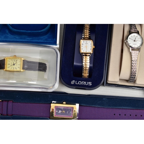 82 - A BOX OF LADIES WRISTWATCHES, to include a boxed 'Sekonda' watch, a boxed 'Lorus' watch, a boxed 'Ar... 