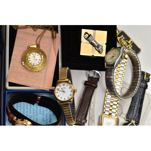 82 - A BOX OF LADIES WRISTWATCHES, to include a boxed 'Sekonda' watch, a boxed 'Lorus' watch, a boxed 'Ar... 