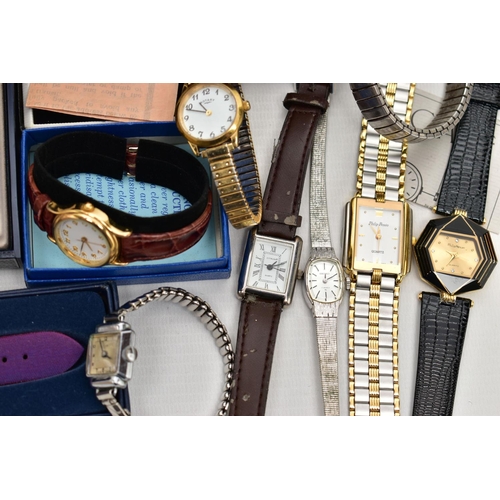 82 - A BOX OF LADIES WRISTWATCHES, to include a boxed 'Sekonda' watch, a boxed 'Lorus' watch, a boxed 'Ar... 