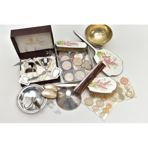 84 - A THREE PIECE SILVER VANITY SET AND OTHER ITEMS, the vanity set comprising of a hair brush, mirror a... 