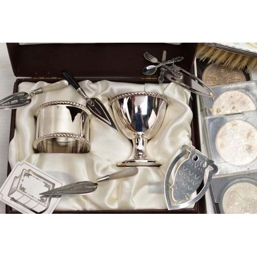 84 - A THREE PIECE SILVER VANITY SET AND OTHER ITEMS, the vanity set comprising of a hair brush, mirror a... 