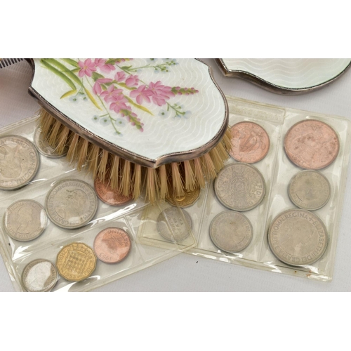 84 - A THREE PIECE SILVER VANITY SET AND OTHER ITEMS, the vanity set comprising of a hair brush, mirror a... 