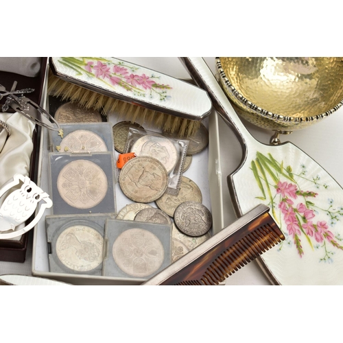 84 - A THREE PIECE SILVER VANITY SET AND OTHER ITEMS, the vanity set comprising of a hair brush, mirror a... 