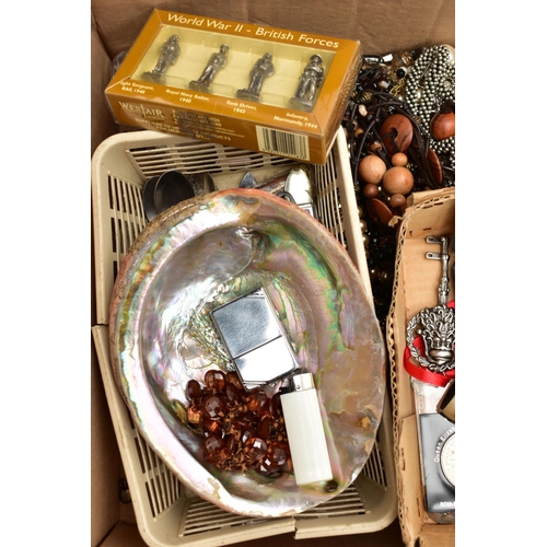 85 - A BOX OF ASSORTED COSTUME JEWELLERY AND ITEMS, to include a small basket tray of collectable teaspoo... 