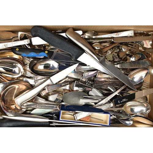 86 - A LARGE ASSORTMENT OF FLATWARE, to include kitchen knives, a large selection of souvenir teaspoons, ... 