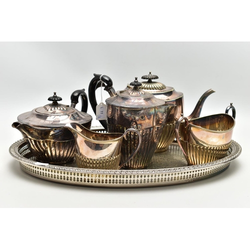 87 - WHITE METAL TEA SETS AND A TRAY, to include a three piece EP tea set comprising of a teapot, sugar b... 