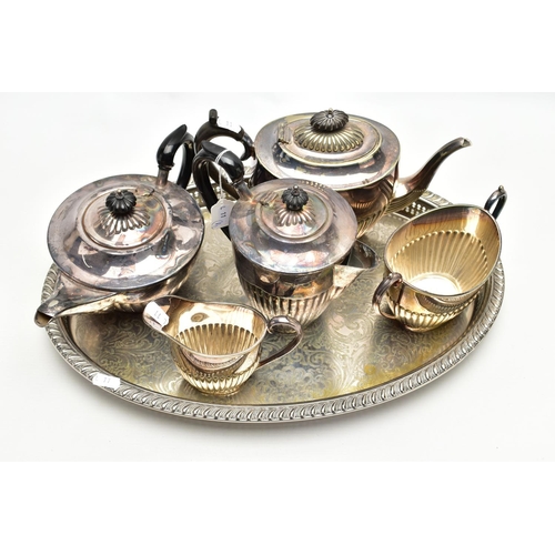 87 - WHITE METAL TEA SETS AND A TRAY, to include a three piece EP tea set comprising of a teapot, sugar b... 