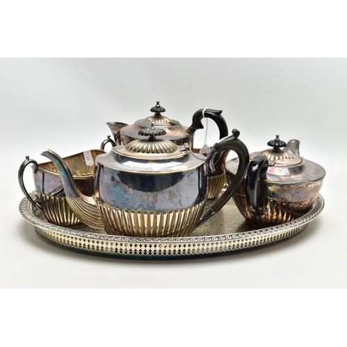 87 - WHITE METAL TEA SETS AND A TRAY, to include a three piece EP tea set comprising of a teapot, sugar b... 