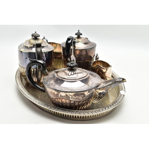 87 - WHITE METAL TEA SETS AND A TRAY, to include a three piece EP tea set comprising of a teapot, sugar b... 