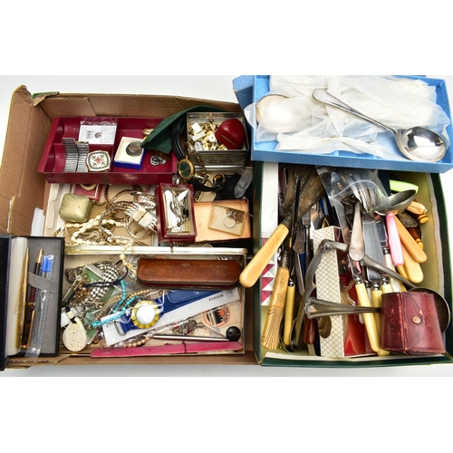 89 - A BOX OF ASSORTED ITEMS, to include a silver serving spoon, hallmarked London 1806, approximate gros... 