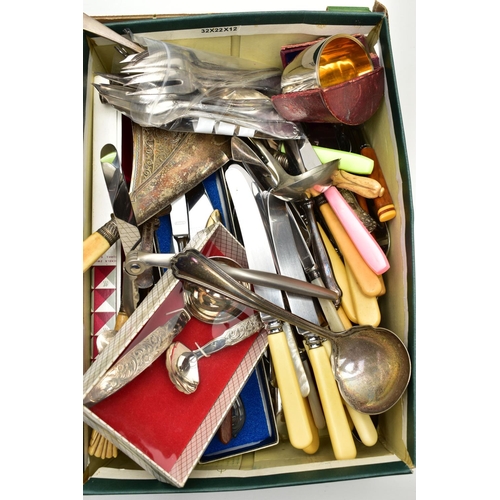 89 - A BOX OF ASSORTED ITEMS, to include a silver serving spoon, hallmarked London 1806, approximate gros... 