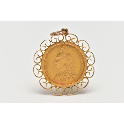 9 - A FULL SOVEREIGN COIN PENDANT, the coin dated 1887, within an openwork scroll surround, pendant moun... 