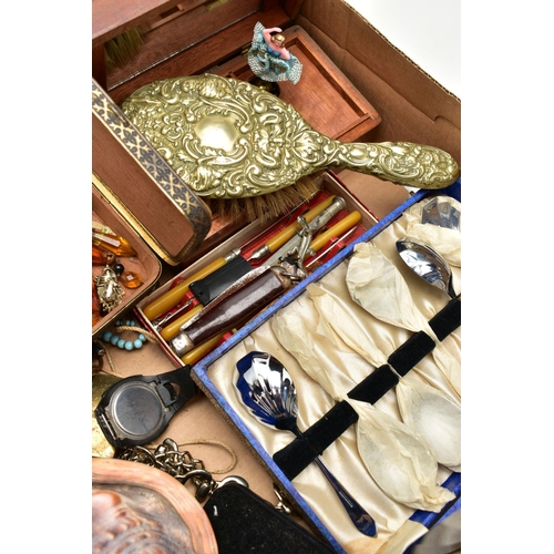 90 - A BOX OF ASSORTED COSTUME JEWELLERY, to include a worn plated 'Swiss made, Specially examined' open ... 