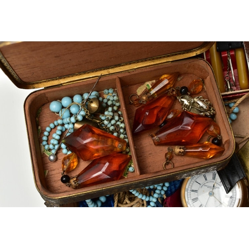 90 - A BOX OF ASSORTED COSTUME JEWELLERY, to include a worn plated 'Swiss made, Specially examined' open ... 