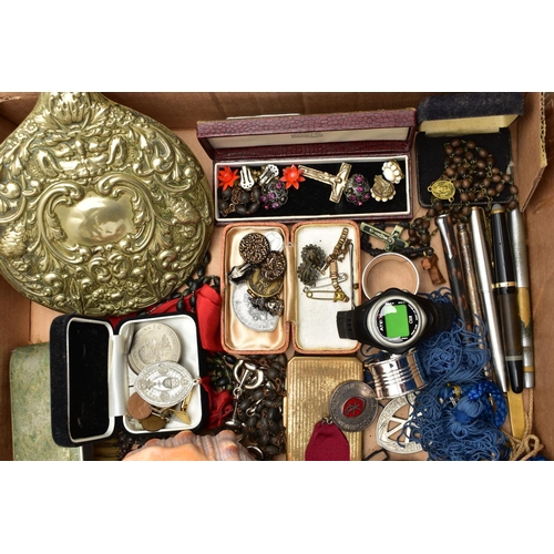 90 - A BOX OF ASSORTED COSTUME JEWELLERY, to include a worn plated 'Swiss made, Specially examined' open ... 