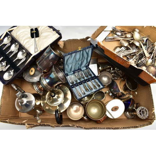 92 - A BOX OF ASSORTED WHITE METAL WARE, to include various EPNS tankards, teapots, milk and cream jugs, ... 