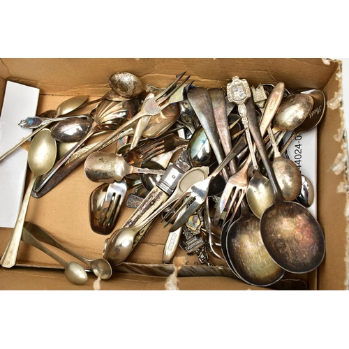 92 - A BOX OF ASSORTED WHITE METAL WARE, to include various EPNS tankards, teapots, milk and cream jugs, ... 