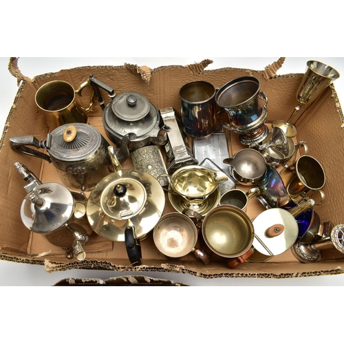 92 - A BOX OF ASSORTED WHITE METAL WARE, to include various EPNS tankards, teapots, milk and cream jugs, ... 