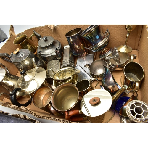 92 - A BOX OF ASSORTED WHITE METAL WARE, to include various EPNS tankards, teapots, milk and cream jugs, ... 