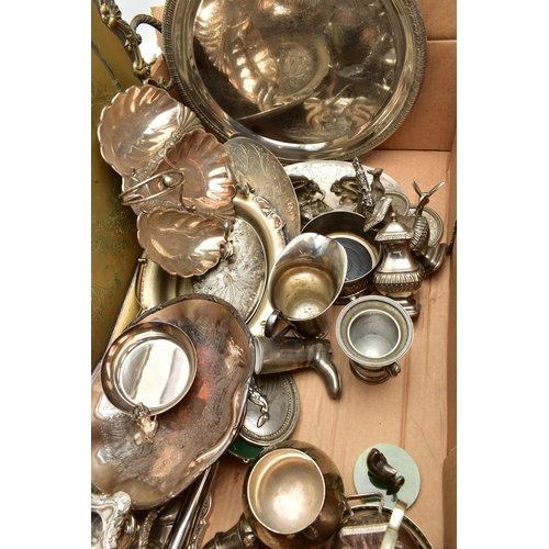 93 - A BOX OF ASSORTED WHITE METAL WARE, to include various EPNS fruit and nut dishes some fitted with sq... 