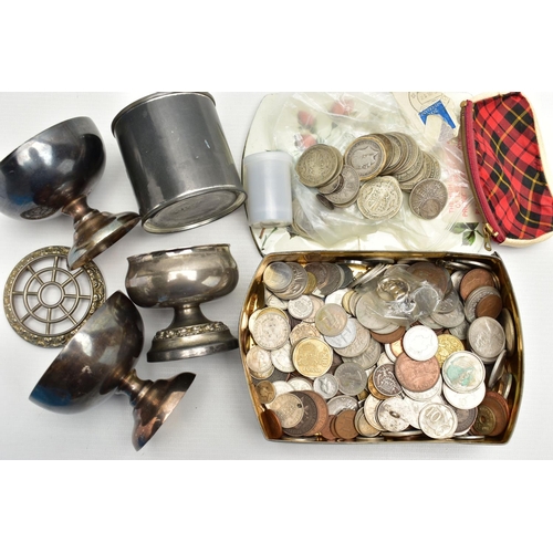 94 - TWO SMALL TINS  OF MIXED COINAGE, to include mixed world coinage with approx 330 grams of early to m... 