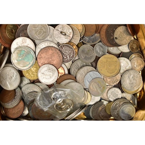 94 - TWO SMALL TINS  OF MIXED COINAGE, to include mixed world coinage with approx 330 grams of early to m... 